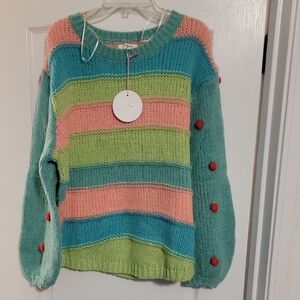 Umgee Multicolor Striped Sweater with Pom Details
